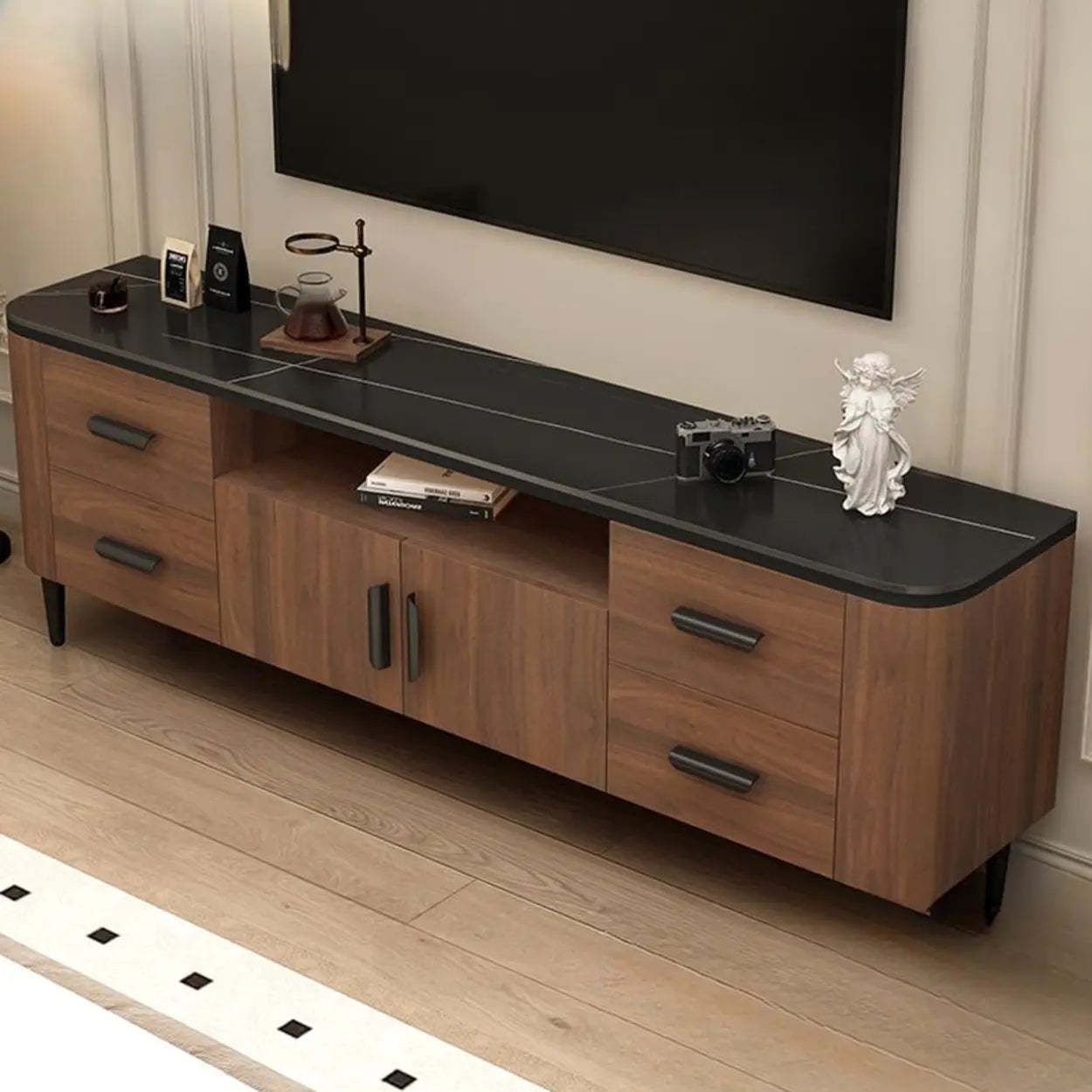 Mid-Century Walnut TV Stand with Black Top — Black-Brown / Sintered Stone