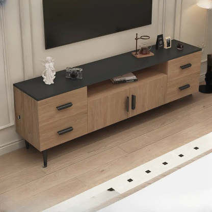 Mid-Century Walnut TV Stand with Black Top — Black/ Walnut / Sintered Stone