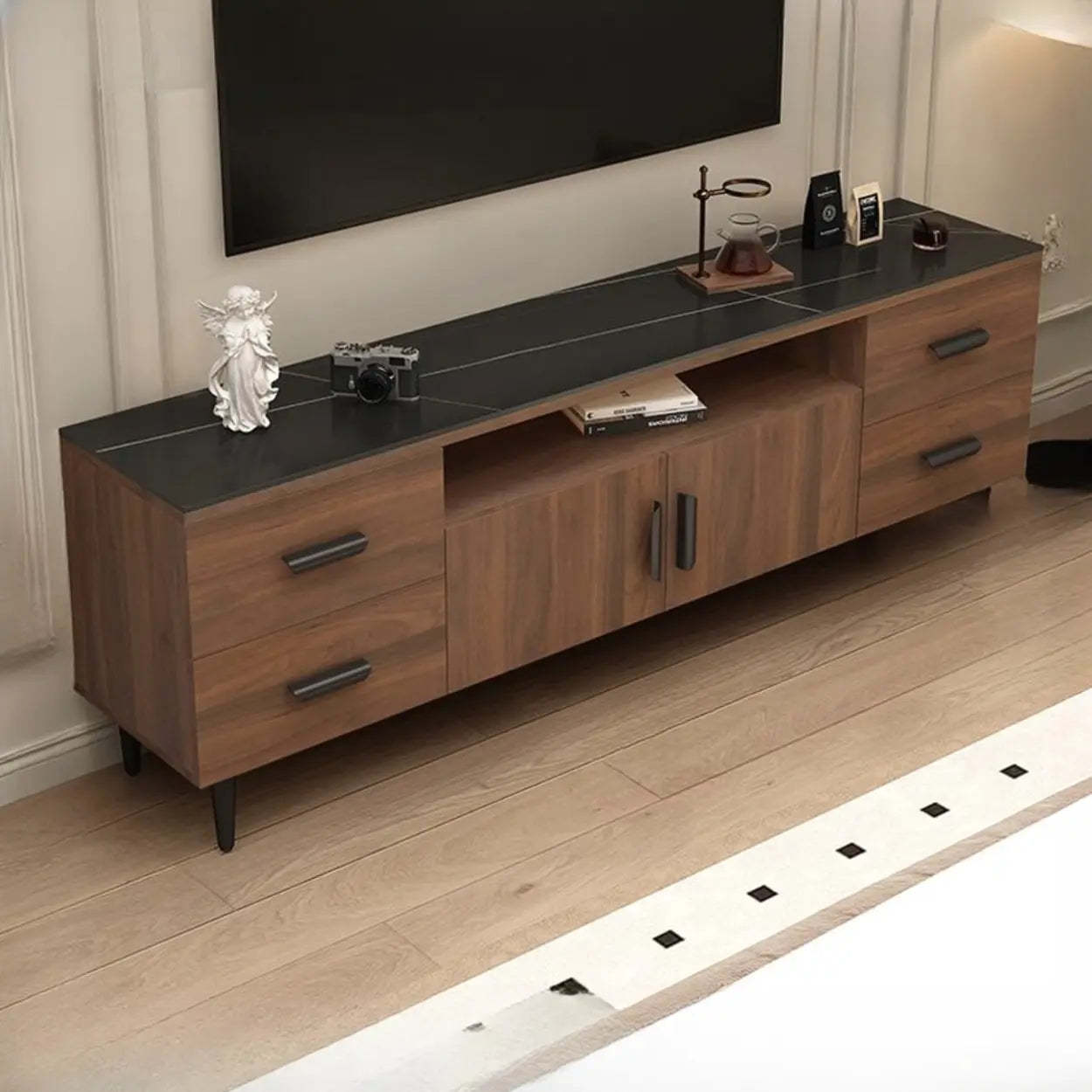 Modern top stand black tv stands, Lighom — Faux Marble / Walnut