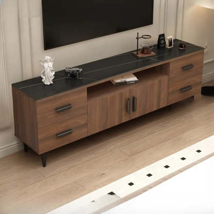 Mid-Century Walnut TV Stand with Black Top — Black/ Walnut / Artificial Board