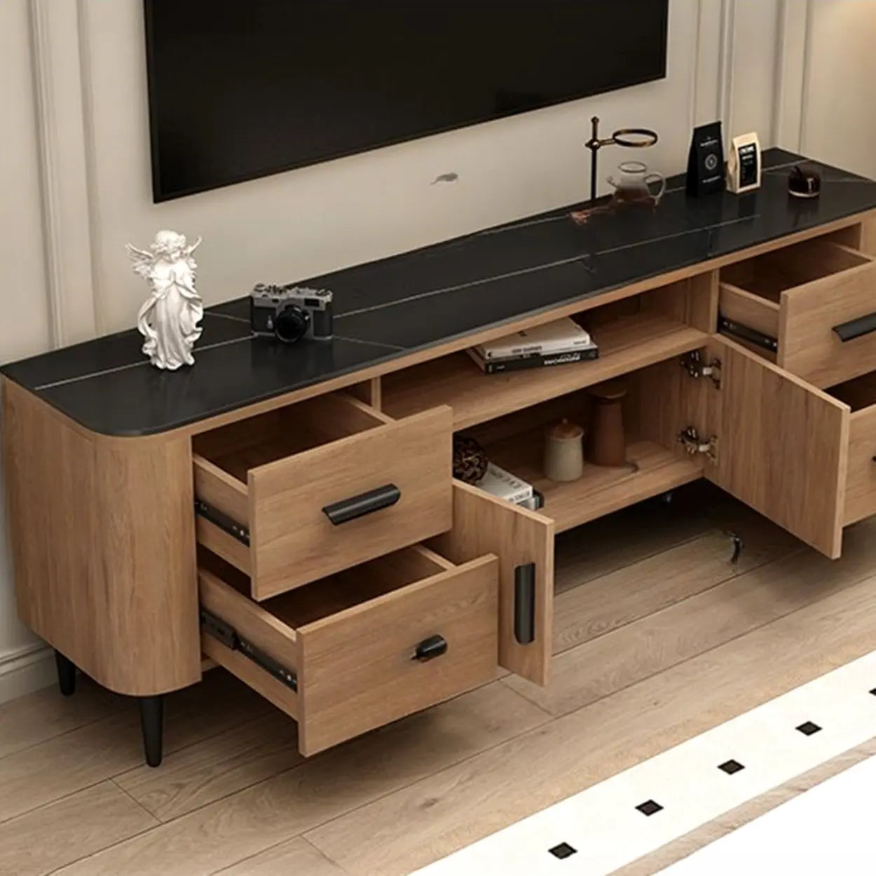 Mid-Century Walnut TV Stand with Black Top — Walnut / Artificial Board