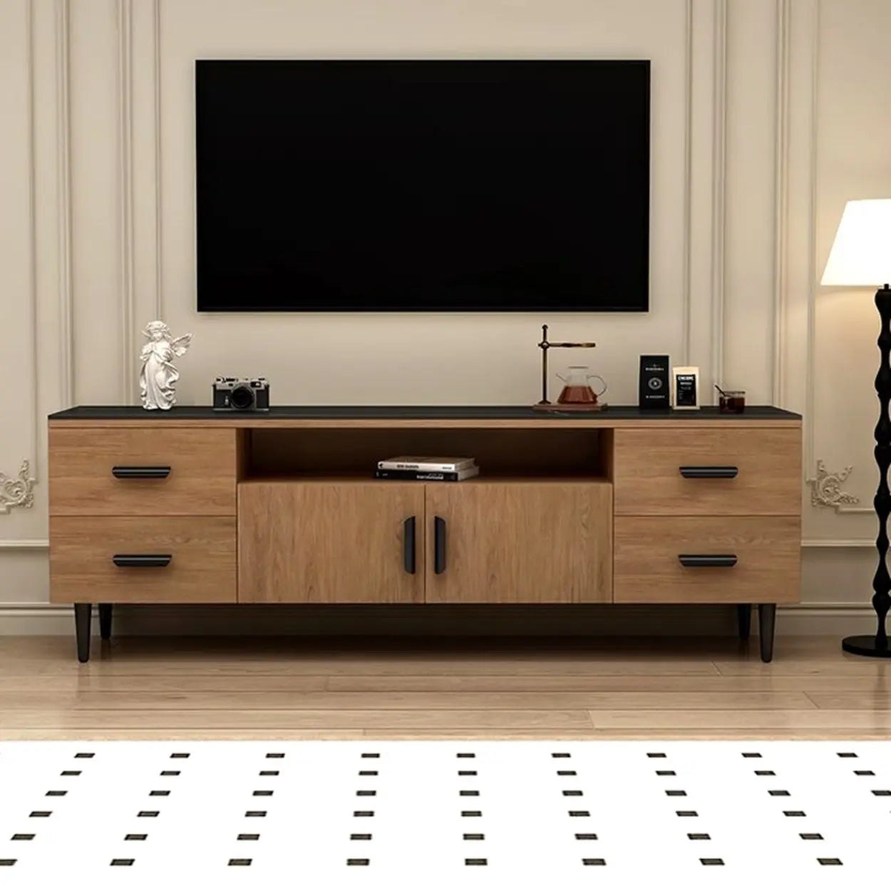 Mid-Century Walnut TV Stand with Black Top — Walnut/ Black / Sintered Stone