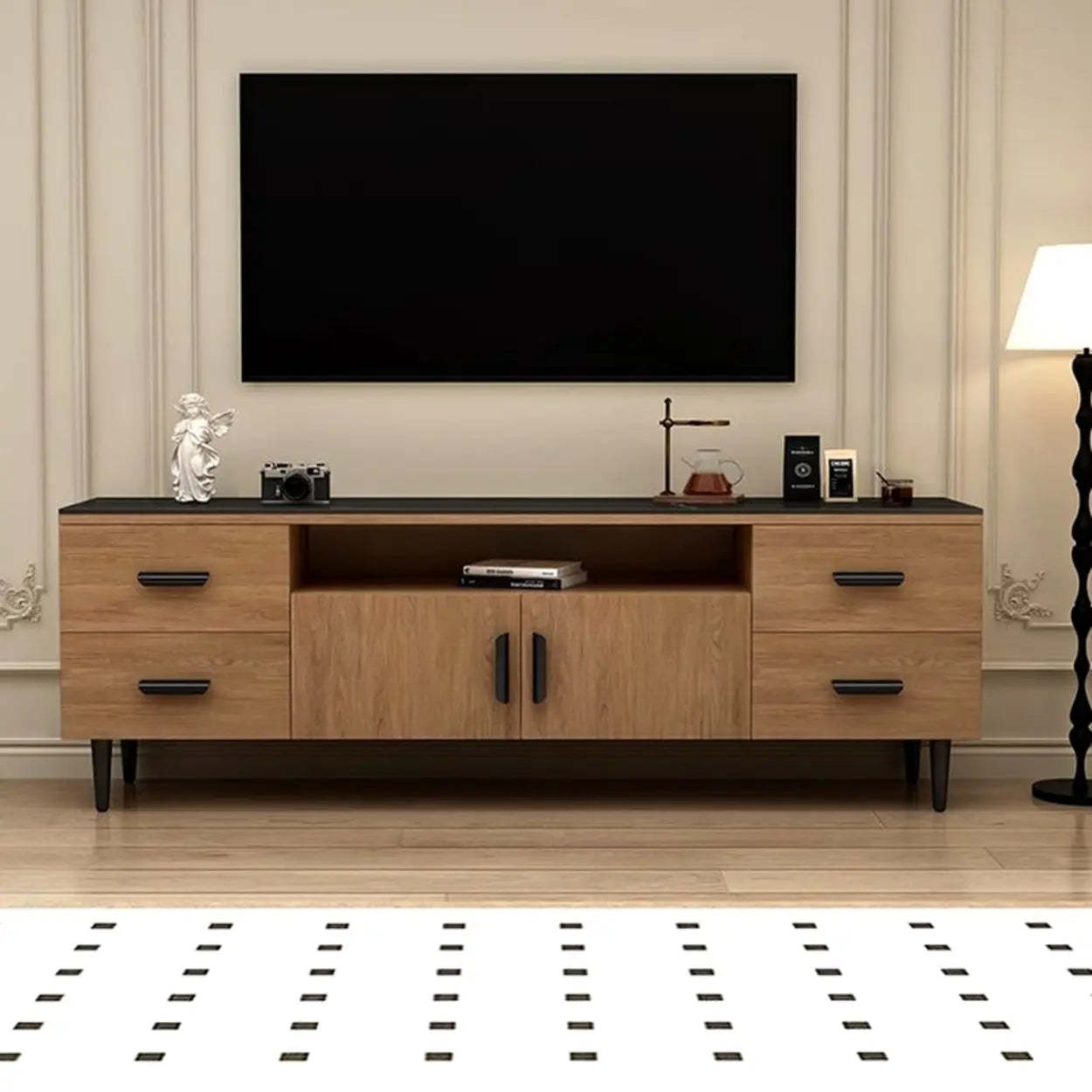 Mid-Century Walnut TV Stand with Black Top — Walnut/ Black / Sintered Stone