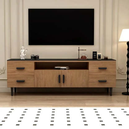 Mid-Century Walnut TV Stand with Black Top — Walnut/ Black / Sintered Stone