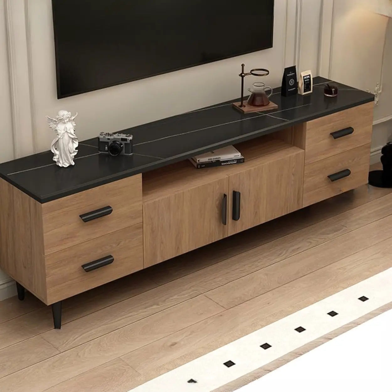 Mid-Century Walnut TV Stand with Black Top — Black/ Oak / Sintered Stone