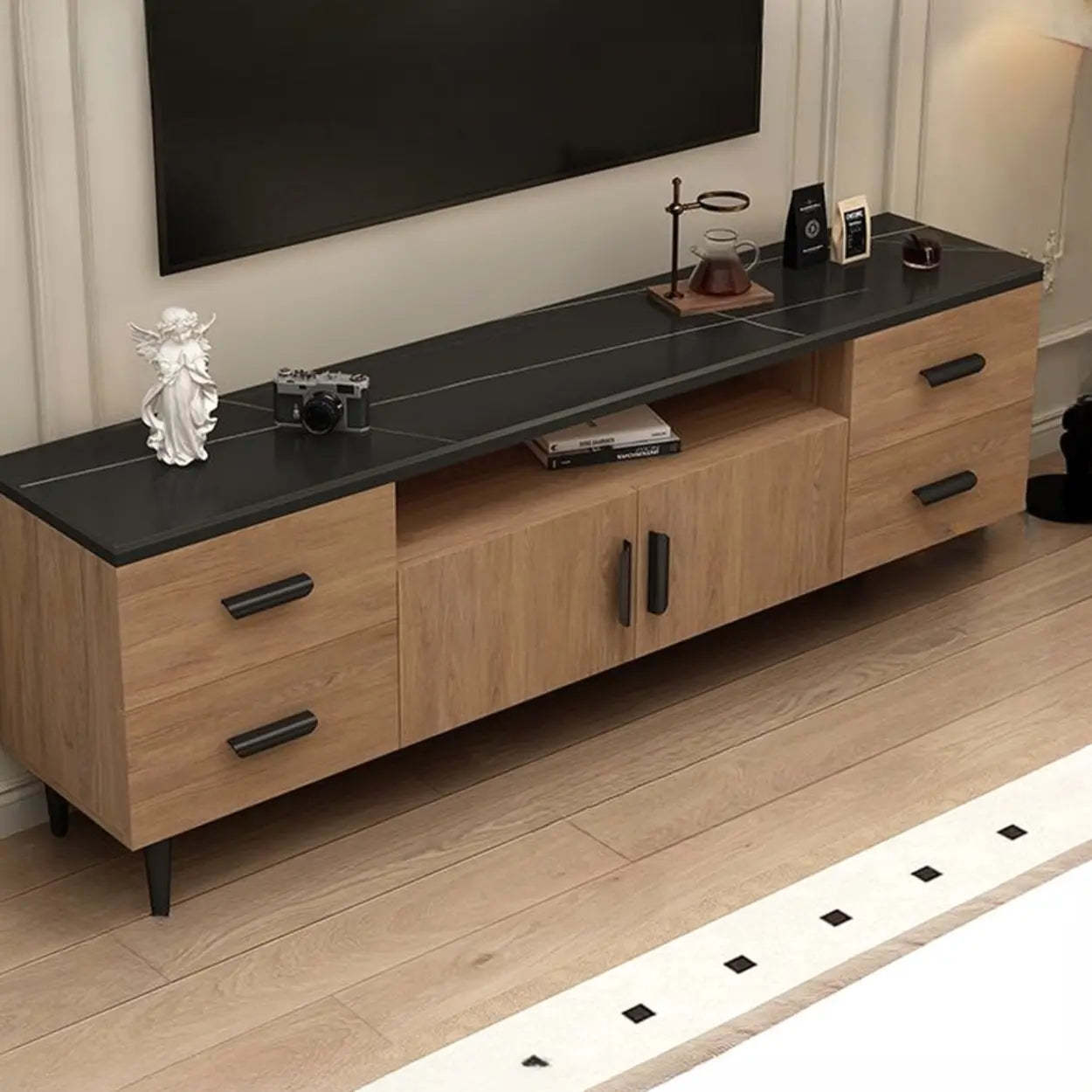 Mid-Century Walnut TV Stand with Black Top — Black/ Oak / Sintered Stone