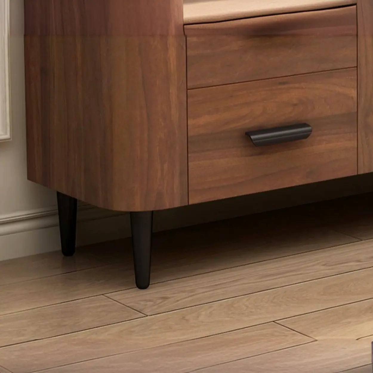Mid-Century Walnut TV Stand with Black Top — Black/ Oak / Artificial Board