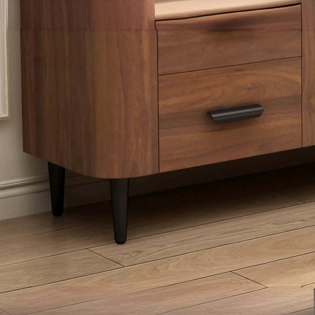 Mid-Century Walnut TV Stand with Black Top — Black/ Oak / Artificial Board