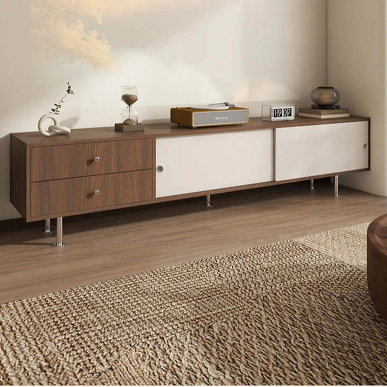 Mid-Century Walnut and White TV Stand with Storage — Nut-Brown