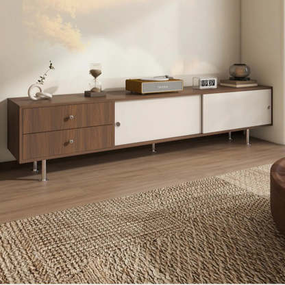 Mid-Century Walnut and White TV Stand with Storage — Nut-Brown
