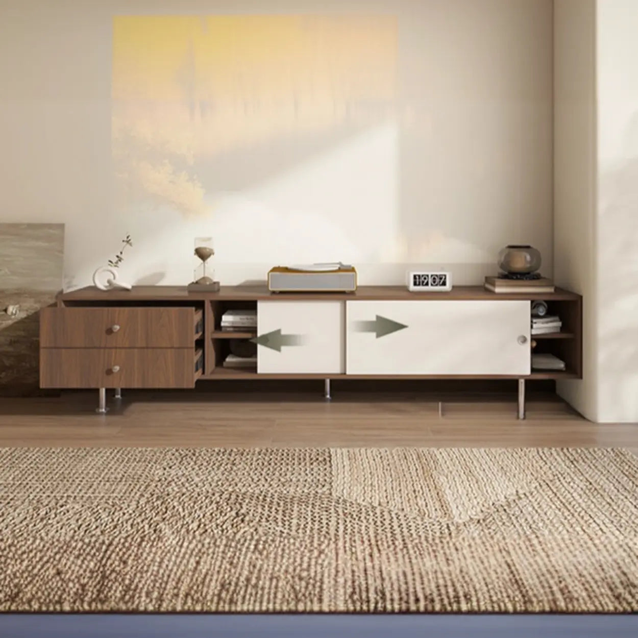 Mid-Century Walnut and White TV Stand with Storage — Nut-Brown
