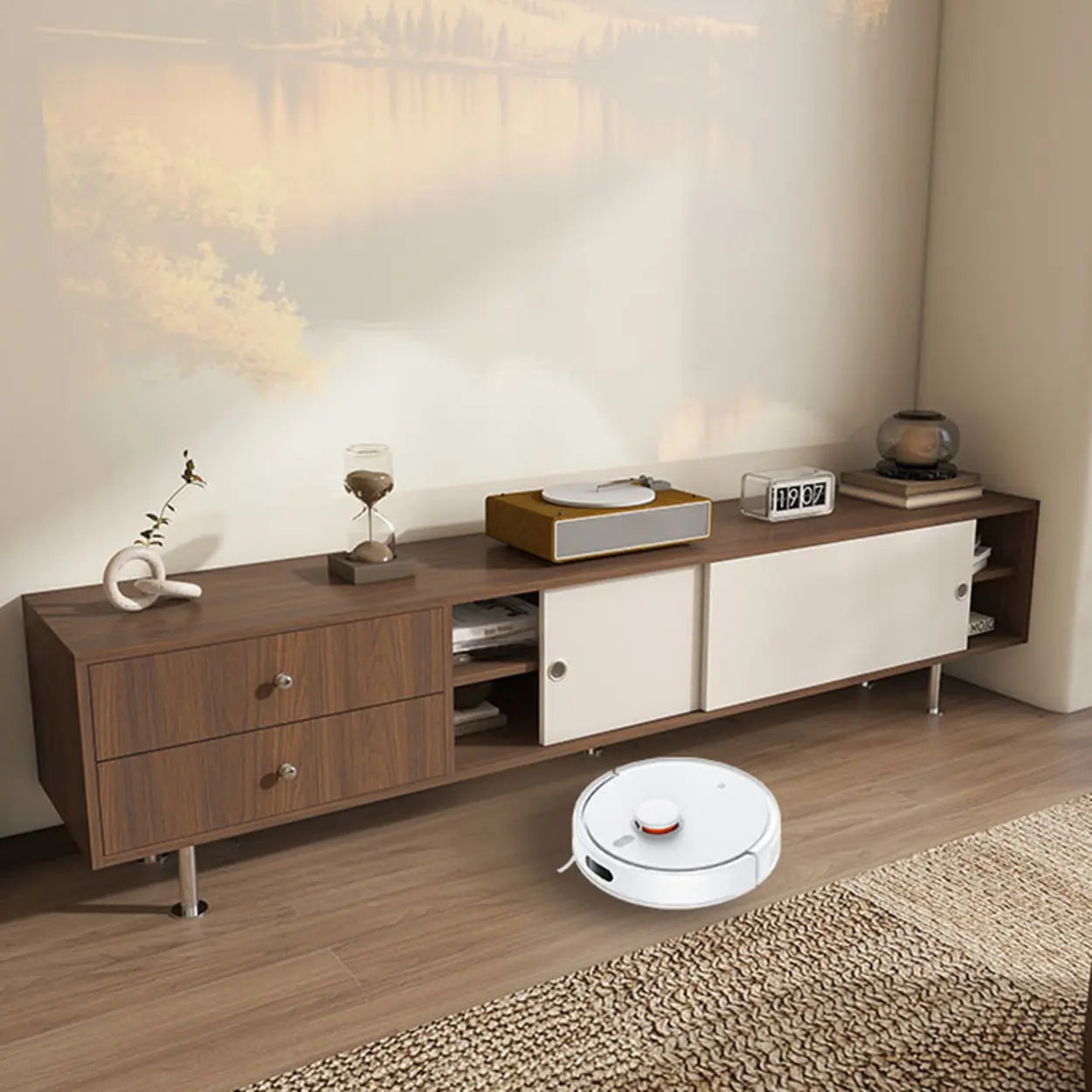 Mid-Century Walnut and White TV Stand with Storage — Natural