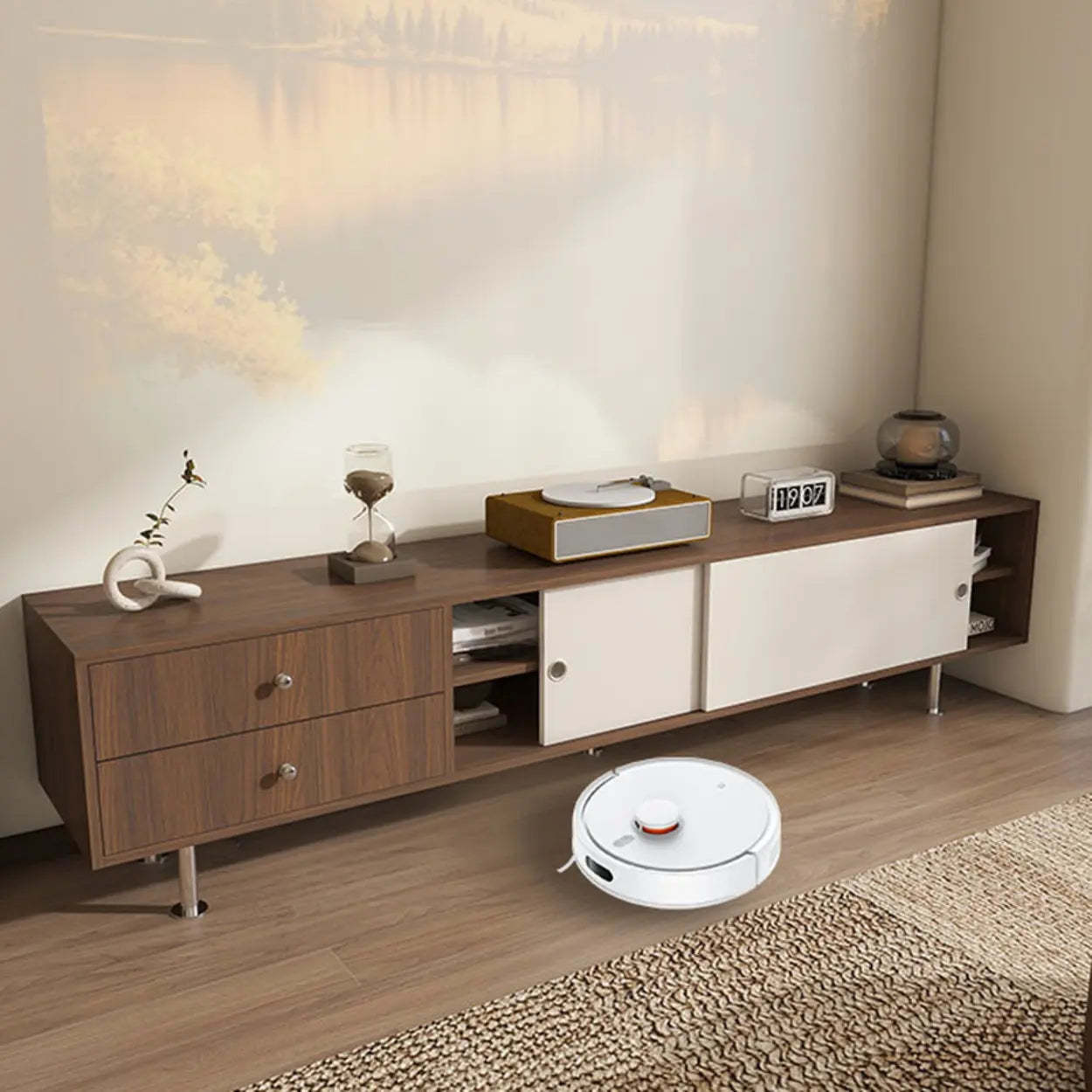 Mid-Century Walnut and White TV Stand with Storage — Natural