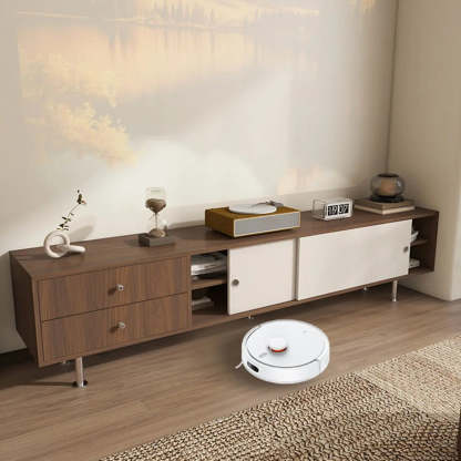 Mid-Century Walnut and White TV Stand with Storage — Natural