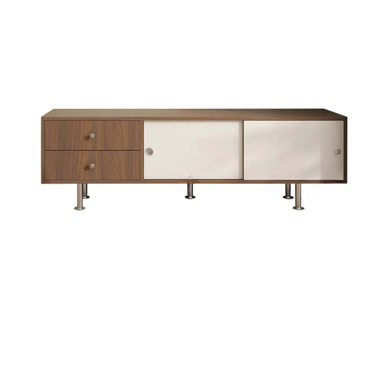 Mid-Century Walnut and White TV Stand with Storage — Natural