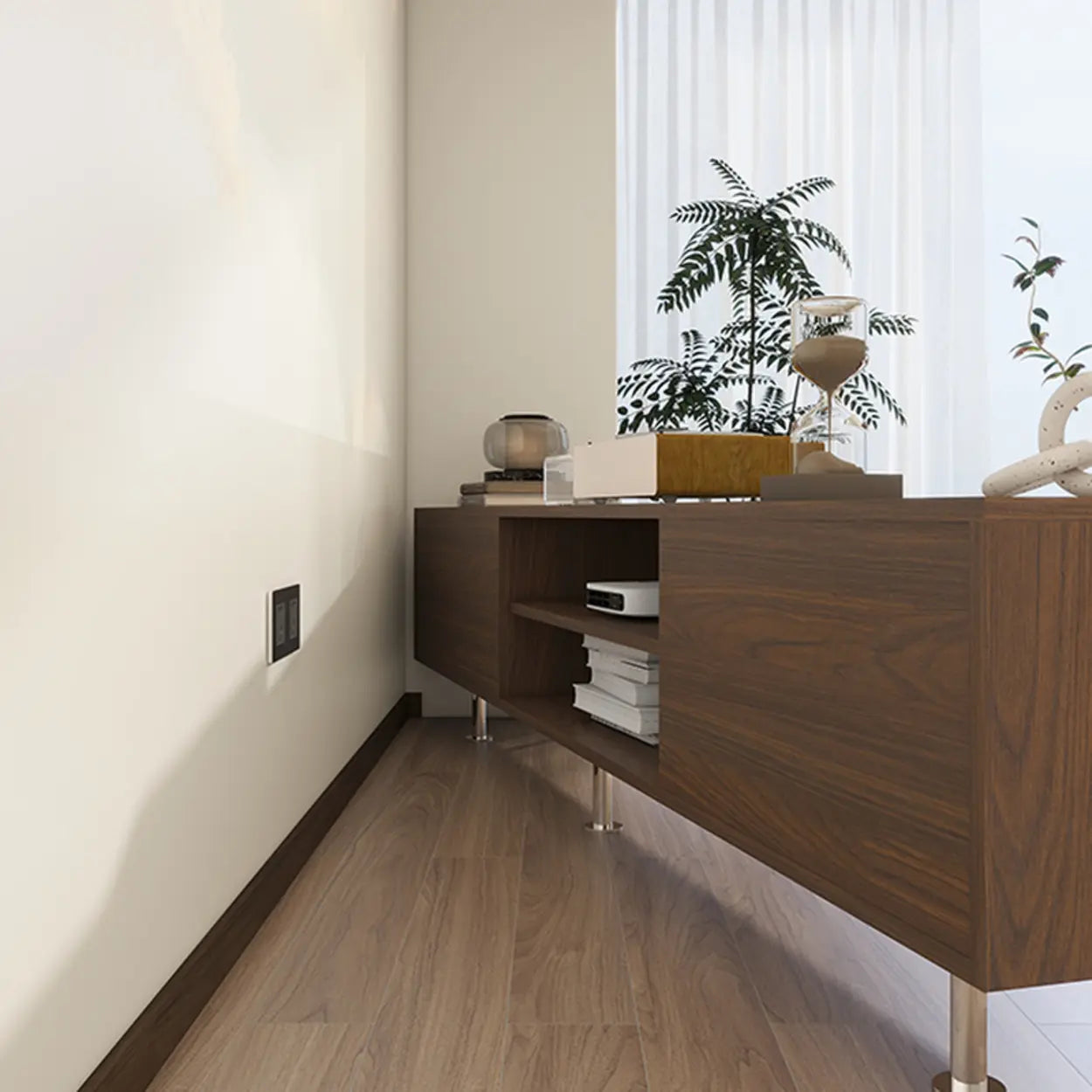 Mid-Century Walnut and White TV Stand with Storage — Natural