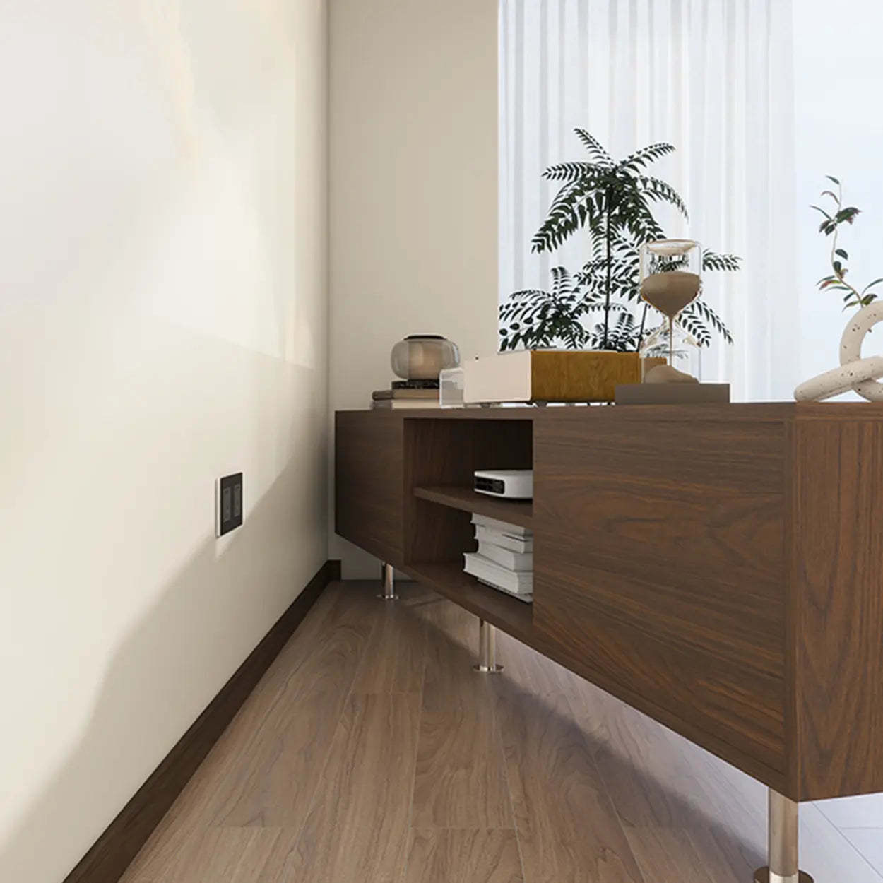 Mid-Century Walnut and White TV Stand with Storage — Natural