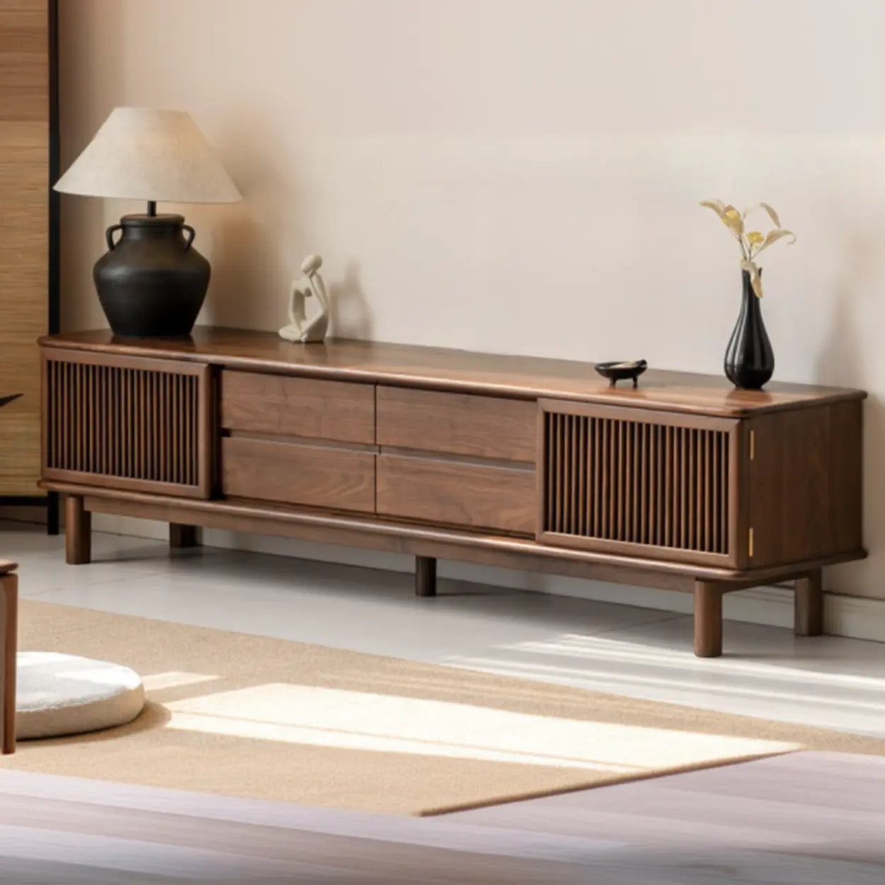 Mid-Century Walnut Wood TV Stand with Cabinet