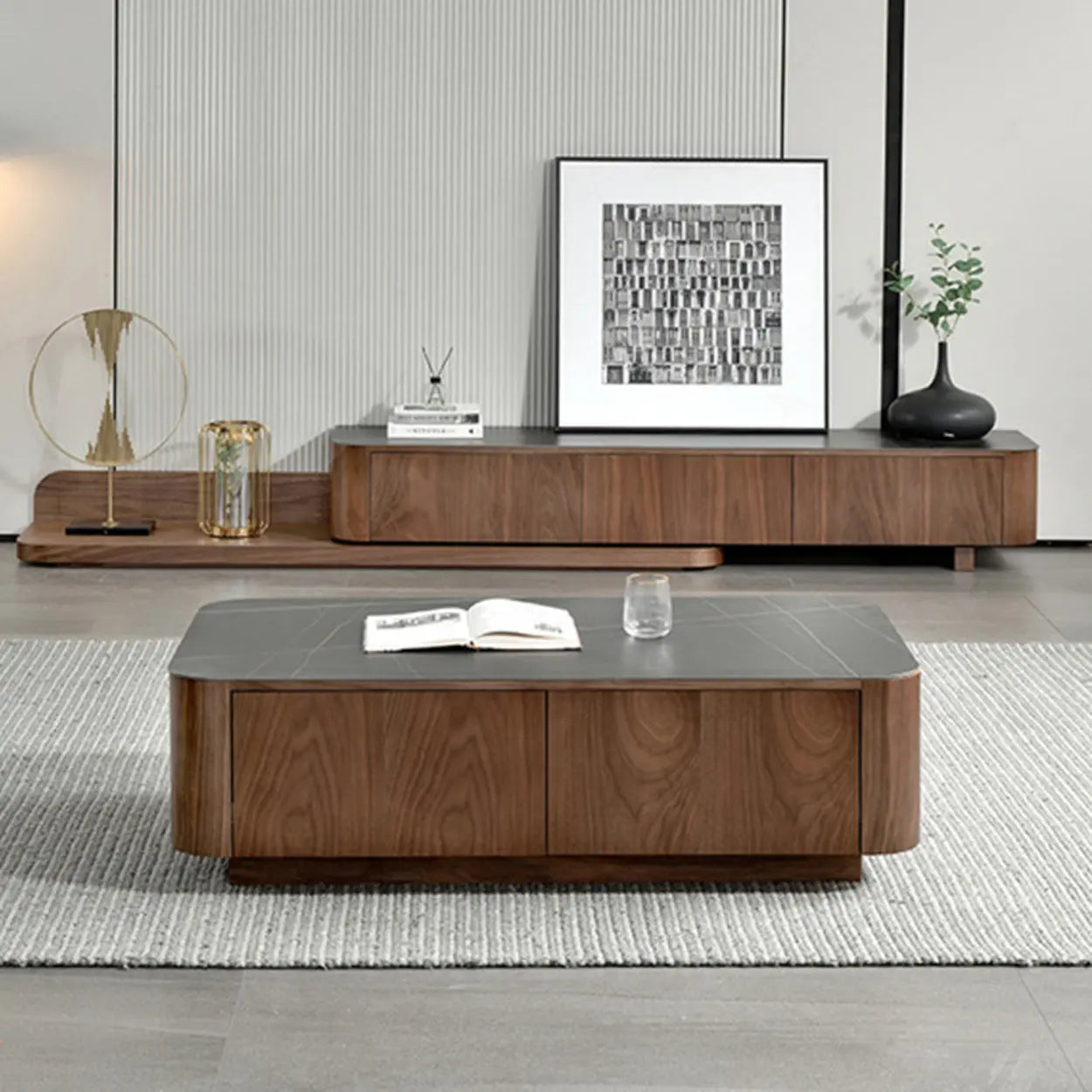 Mid-Century Walnut Wood TV Stand with Drawers