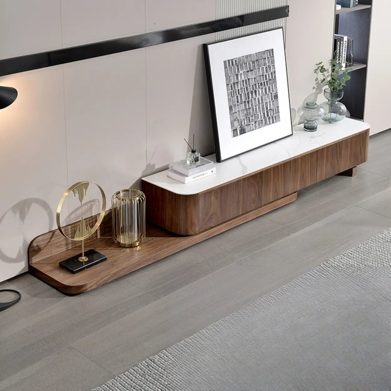 Mid-Century Walnut Wood TV Stand with Drawers — Black / White