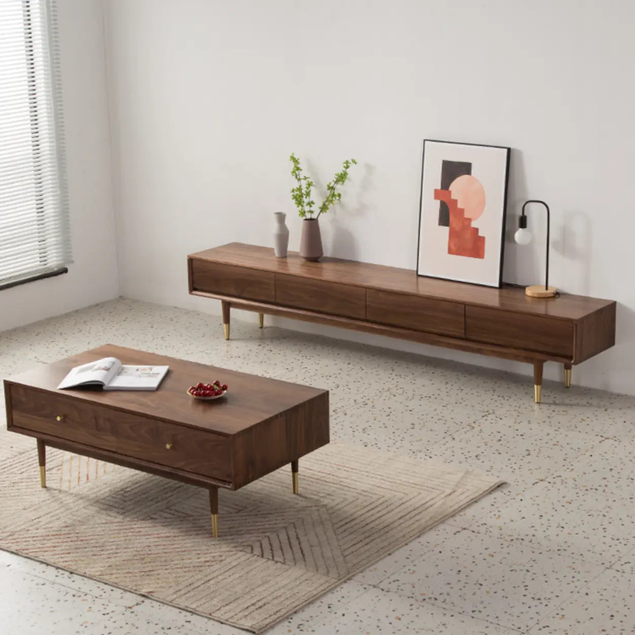 Mid-Century Walnut Wood TV Stand with Legs and Drawers