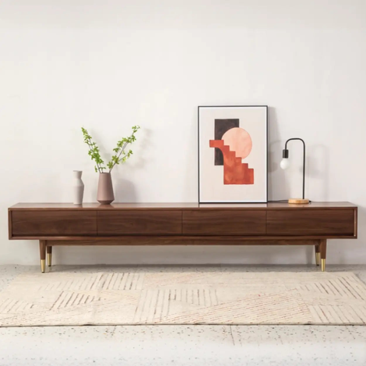 Mid-Century Walnut Wood TV Stand with Legs and Drawers