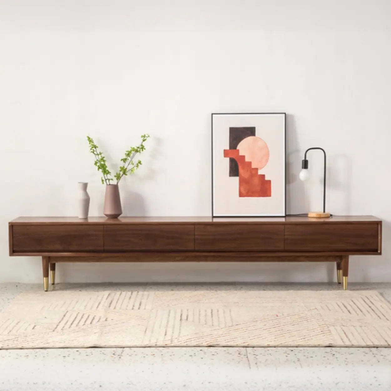 Mid-Century Walnut Wood TV Stand with Legs and Drawers