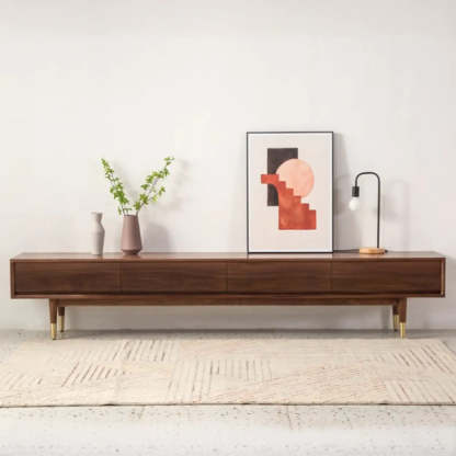 Mid-Century Walnut Wood TV Stand with Legs and Drawers