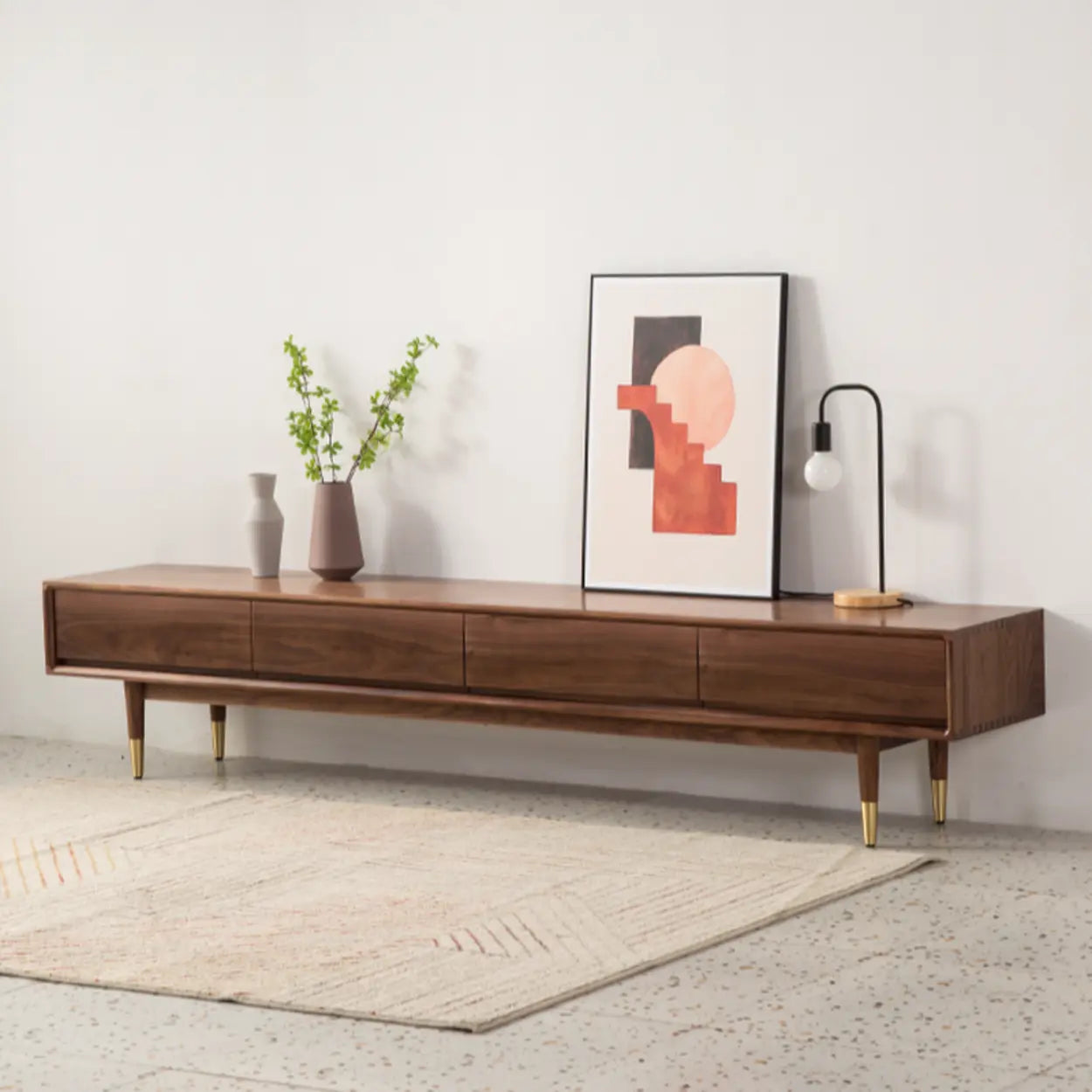 Mid-Century Walnut Wood TV Stand with Legs and Drawers