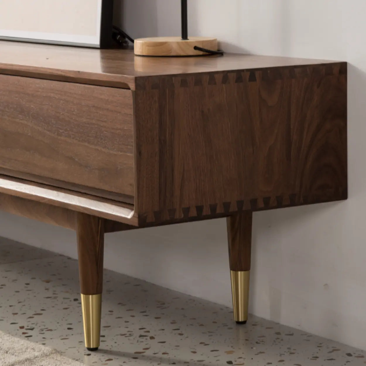 Mid-Century Walnut Wood TV Stand with Legs and Drawers