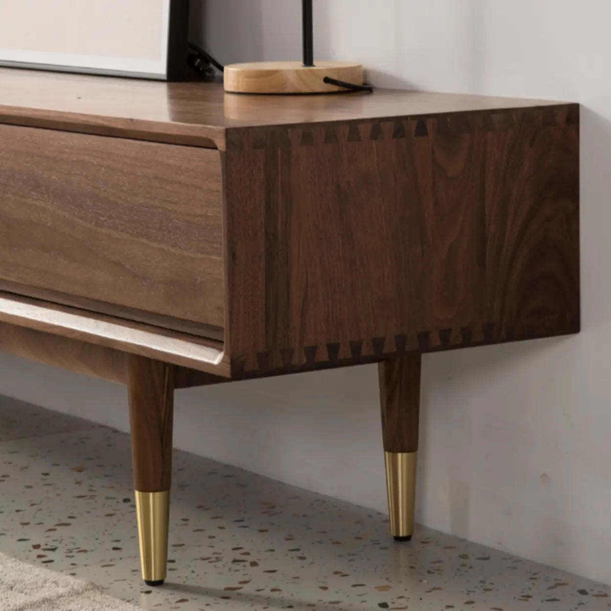 Mid-Century Walnut Wood TV Stand with Legs and Drawers