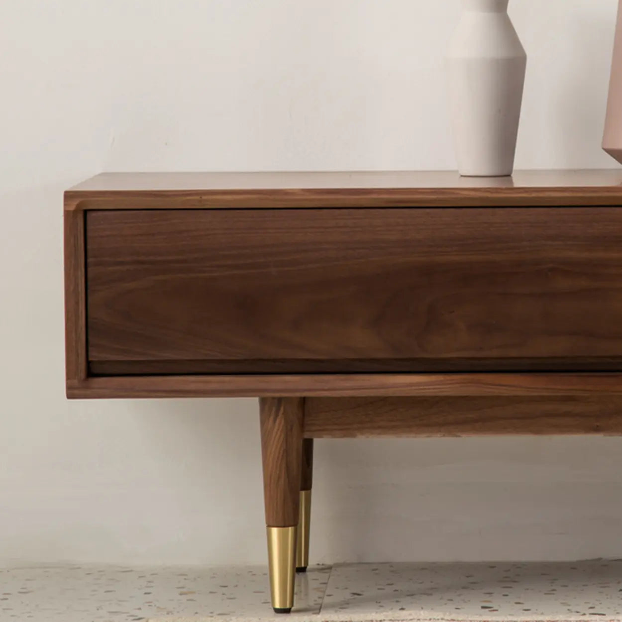 Mid-Century Walnut Wood TV Stand with Legs and Drawers