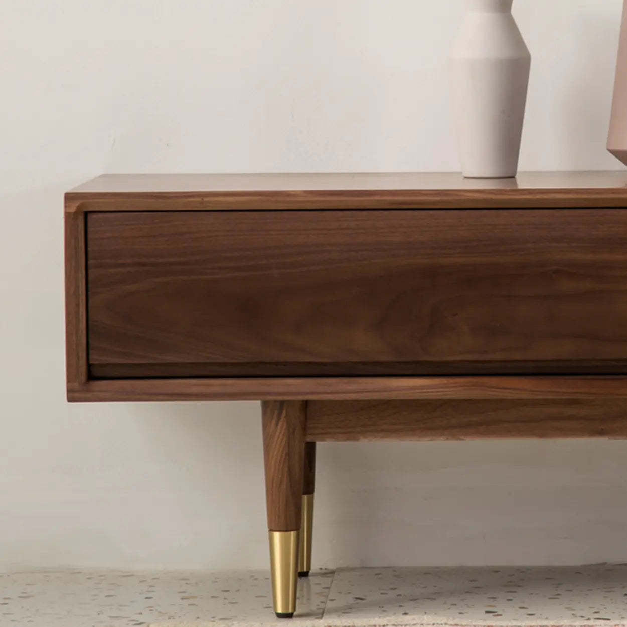 Mid-Century Walnut Wood TV Stand with Legs and Drawers