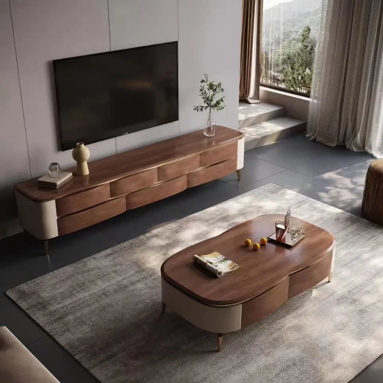 Mid-Century Walnut Wood TV Stand with Storage - Wmb