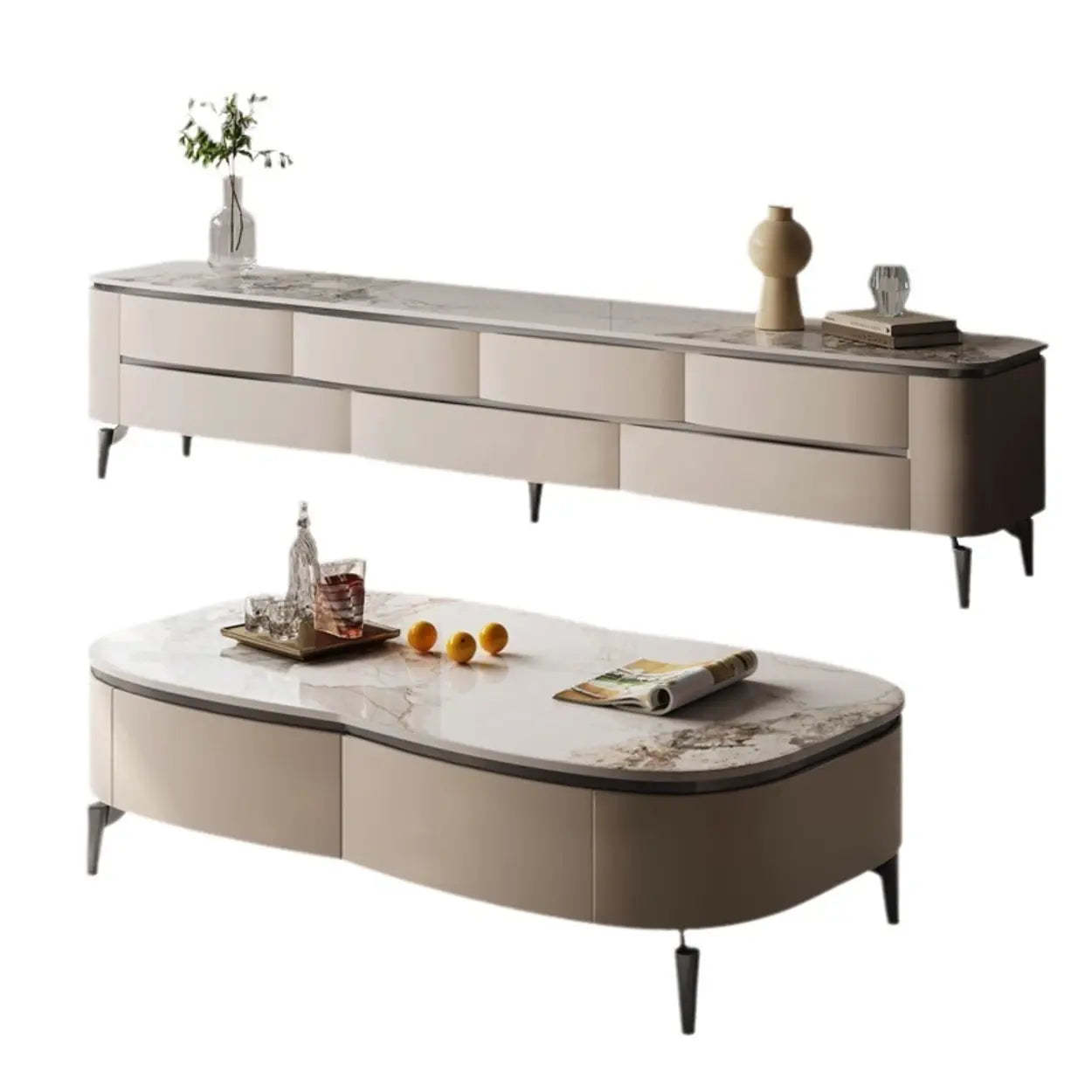 Mid-Century Walnut Wood TV Stand with Storage — Champagne