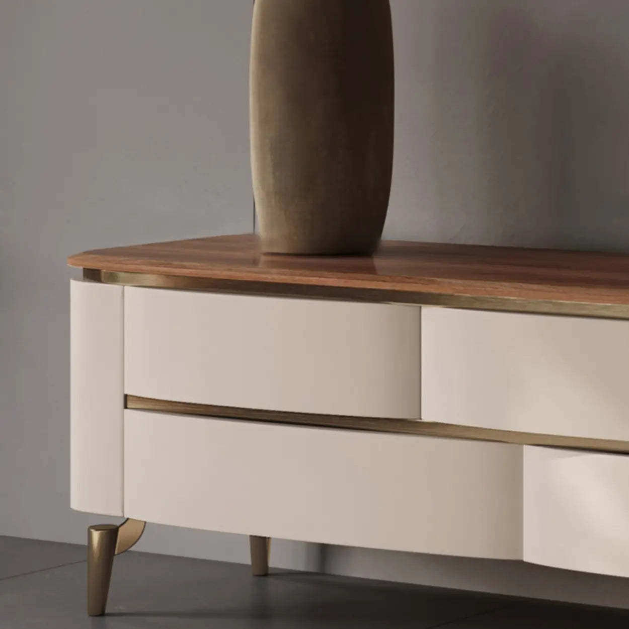 Mid-Century Walnut Wood TV Stand with Storage — Champagne