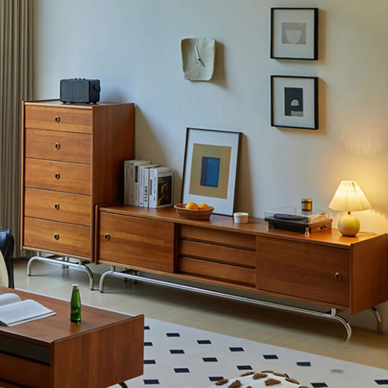 Mid-Century Walnut Wood TV Stand with Cabinet - 83x15x18