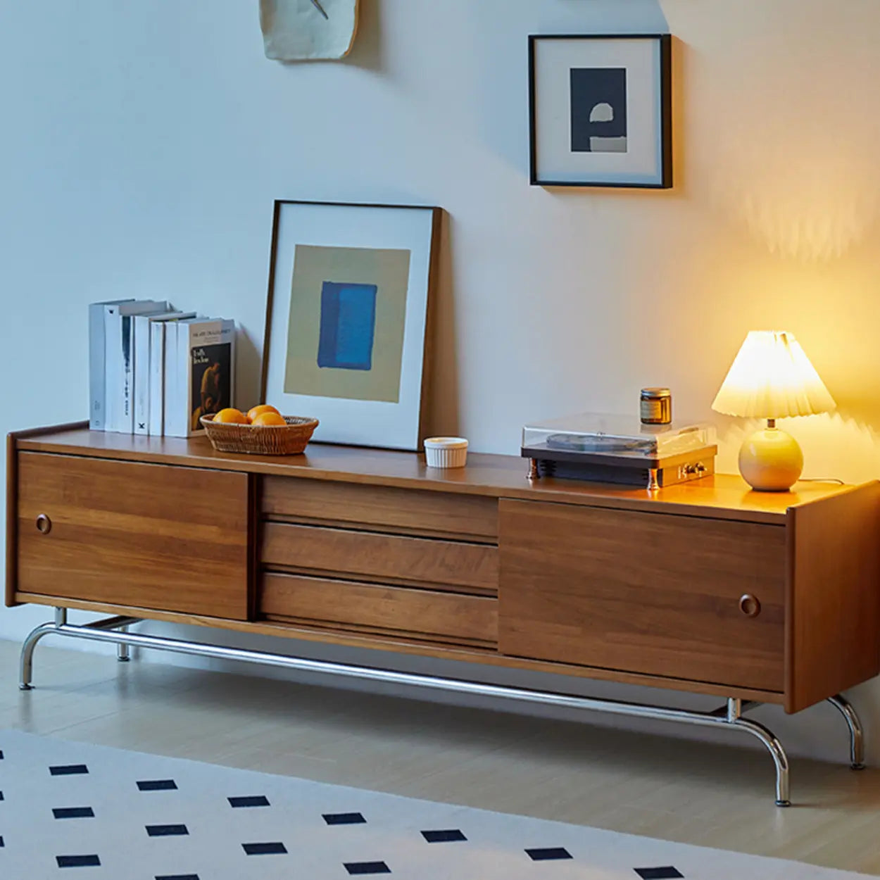 Mid-Century Walnut Wood TV Stand with Cabinet