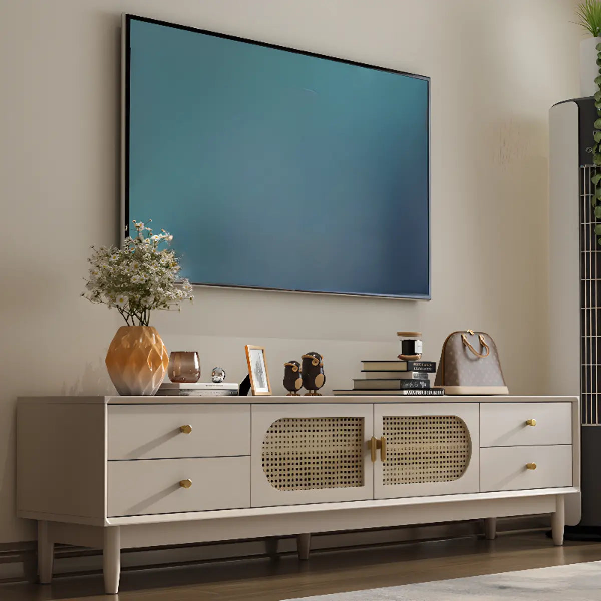 White mid-century stand drawers tv stands — 63" L x 14" W x 20" H