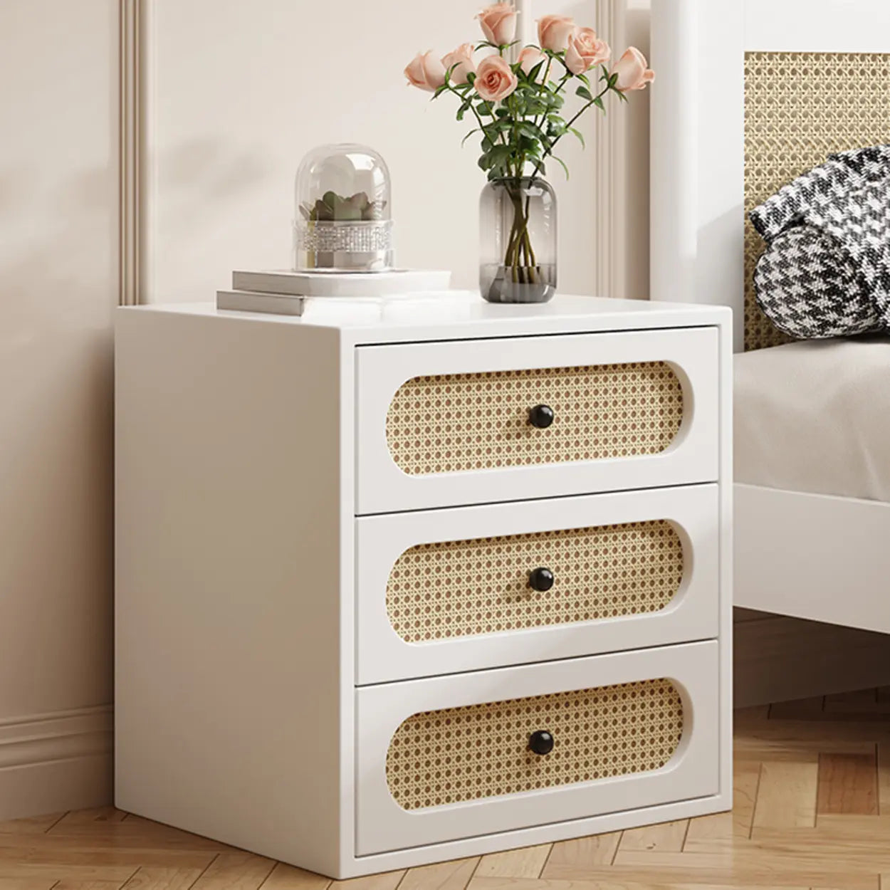 Mid-Century White Wood Nightstand with Drawers