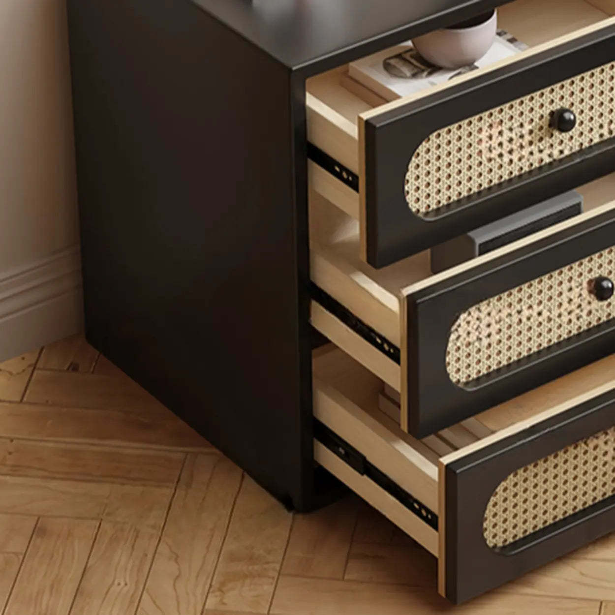 Mid-Century White Wood Nightstand with Drawers — Black