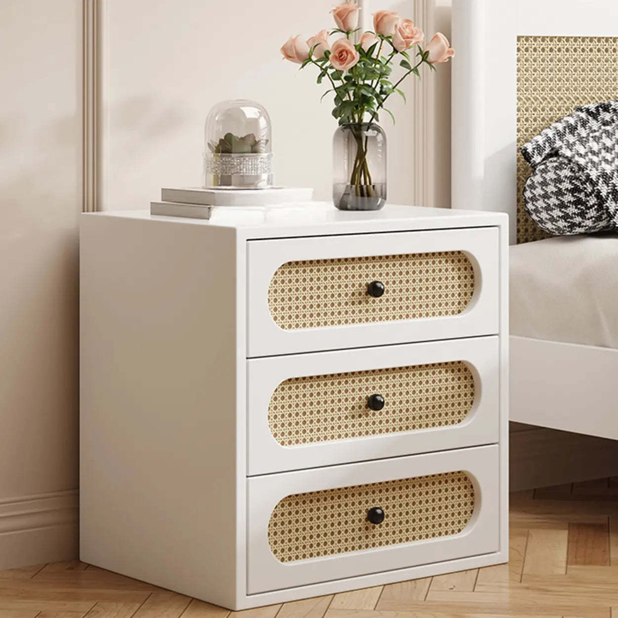Mid-Century White Wood Nightstand with Drawers — Black