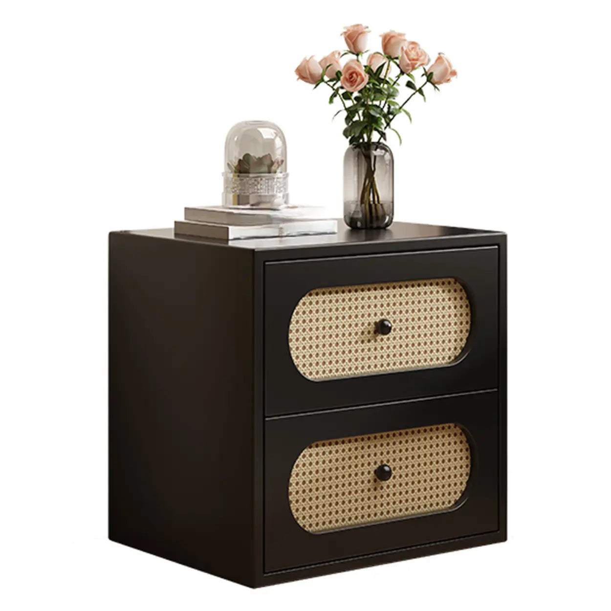 Mid-Century White Wood Nightstand with Drawers — White