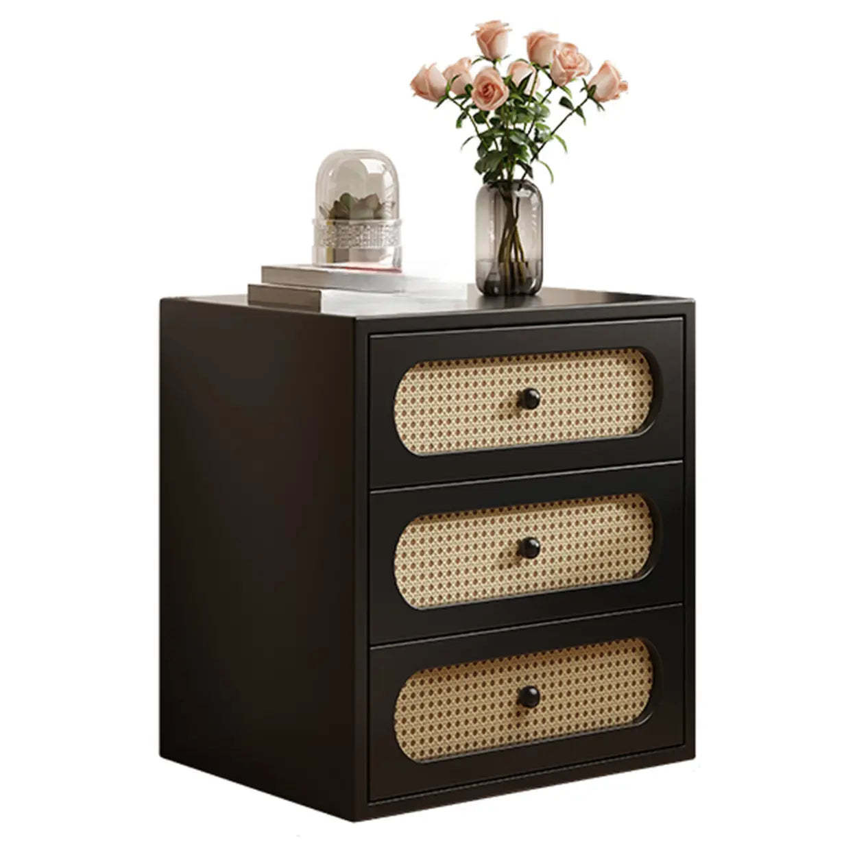 Mid-Century White Wood Nightstand with Drawers — Black