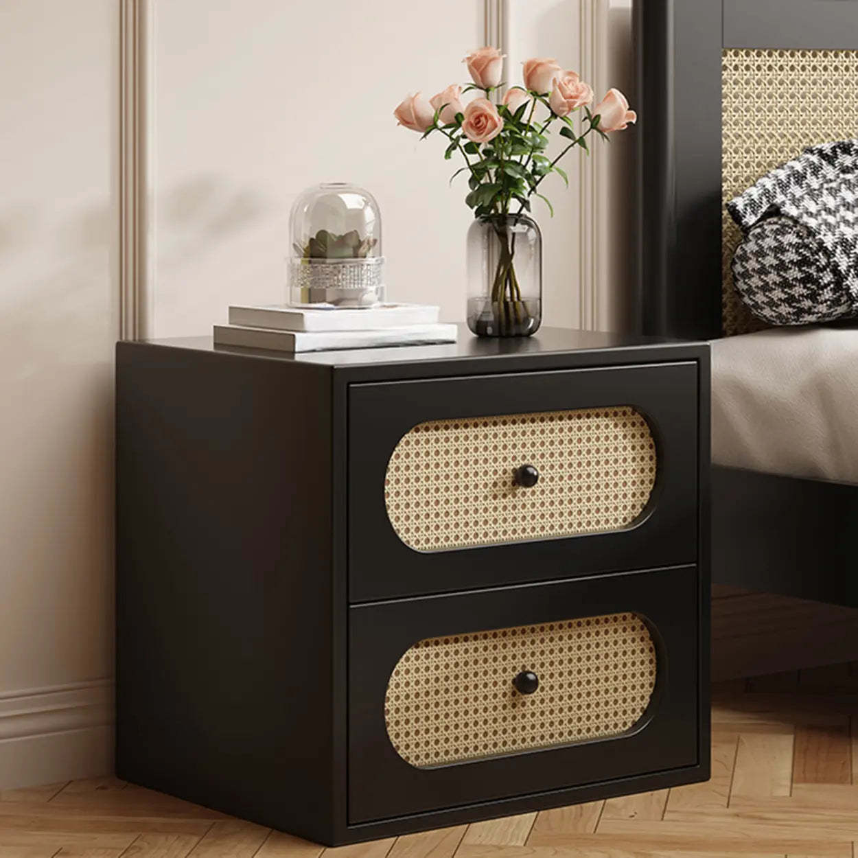 Mid-Century White Wood Nightstand with Drawers — White