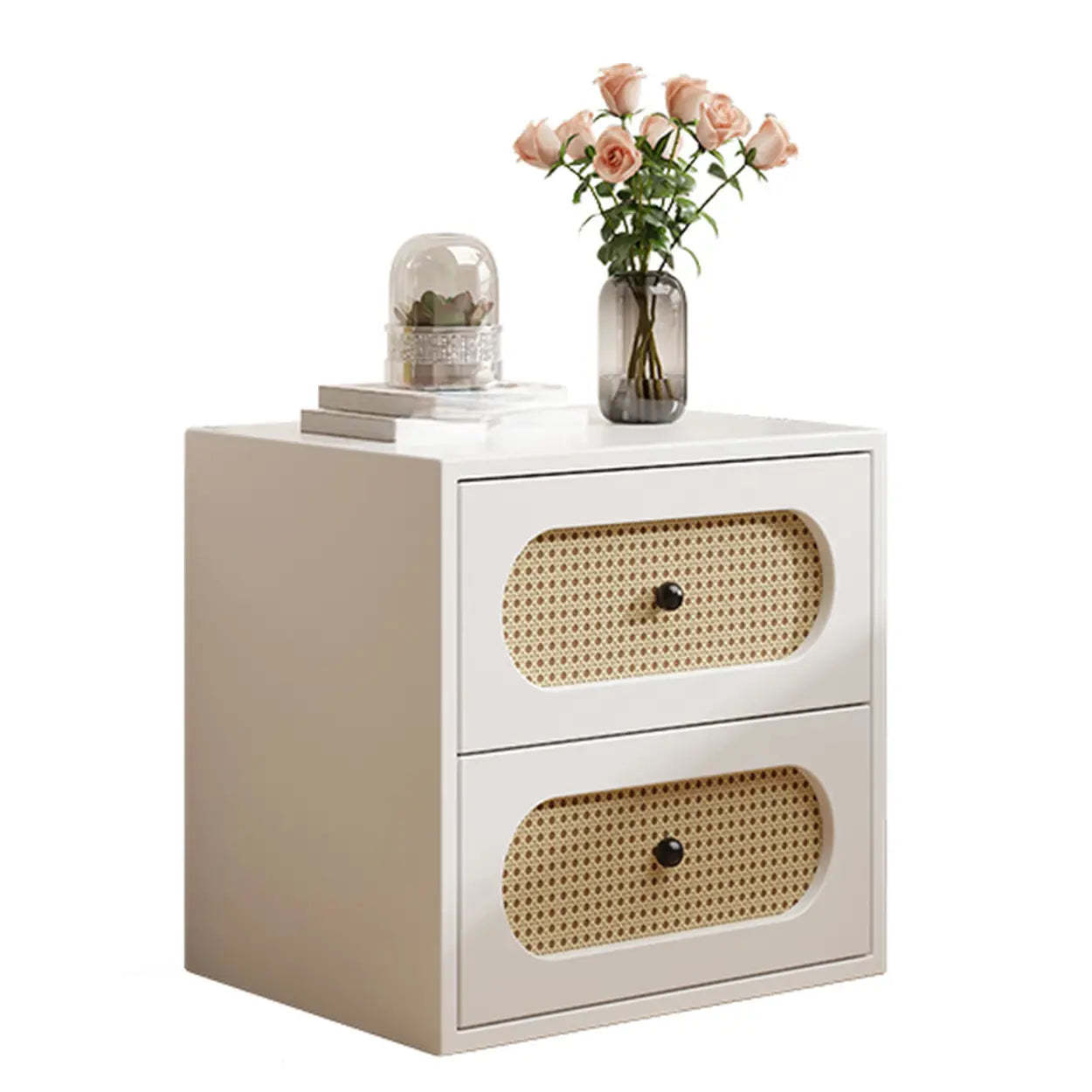 Mid-Century White Wood Nightstand with Drawers — Black