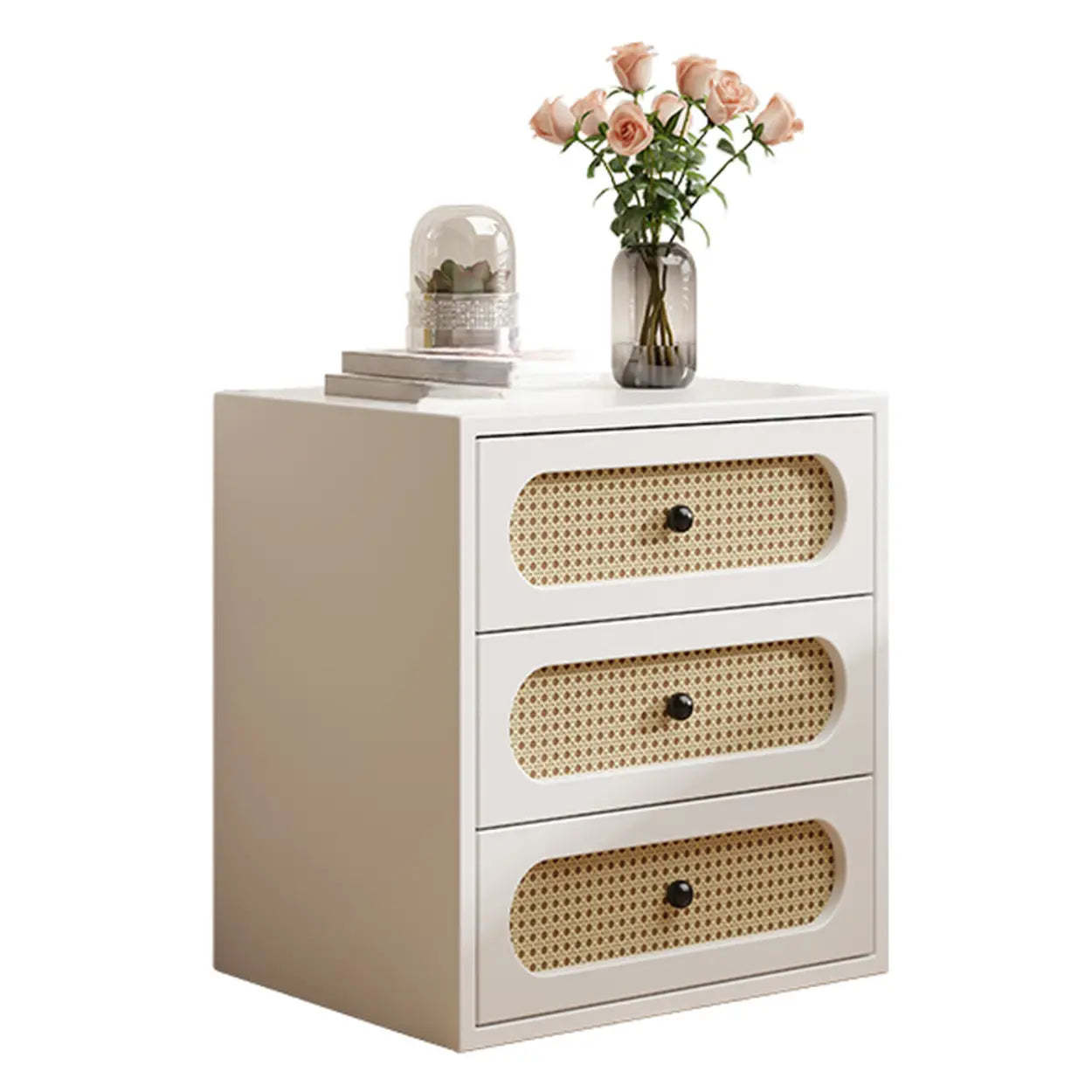 Mid-Century White Wood Nightstand with Drawers — Black