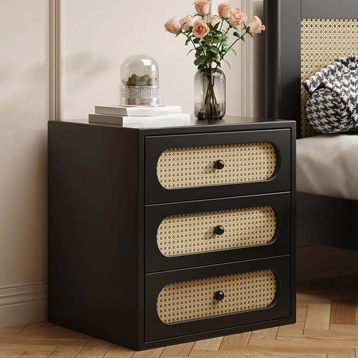 Mid-Century White Wood Nightstand with Drawers — Black