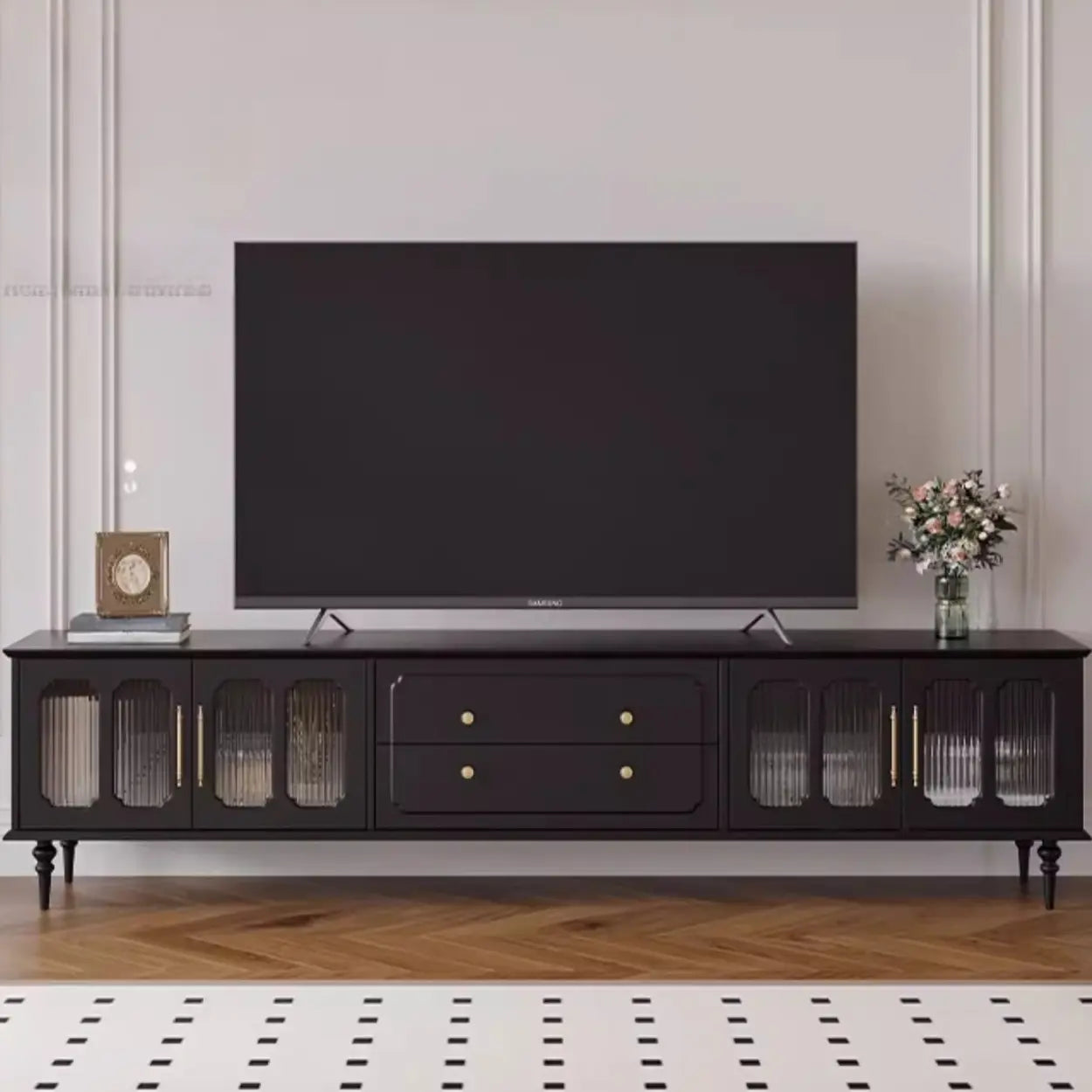 Mid-Century Black Wood Long TV Stand