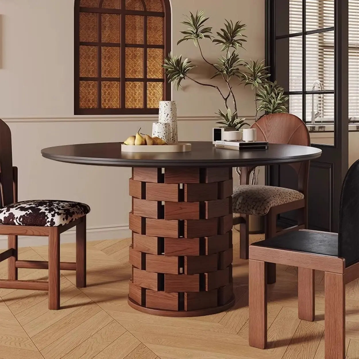 Mid-Century Wood Brick Pedestal Round Dining Table